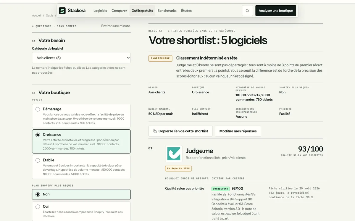 Résultat de Trouver mon logiciel : une shortlist de cinq logiciels d’avis clients avec leurs scores et les raisons du classement.
